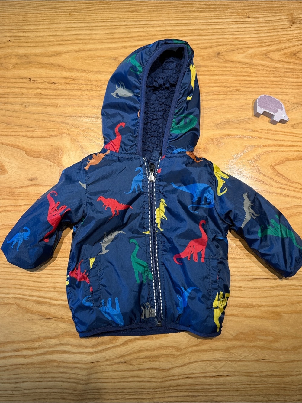 Hanna Andersson Navy Blue Hooded Puffer with Multicolor Dinosaurs